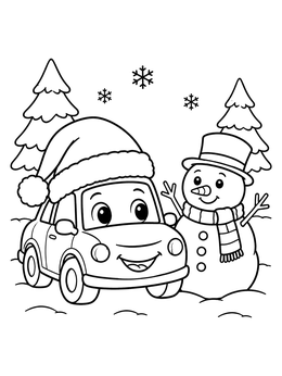 Free printable Cartoon Car With Santa Hat And Snowman coloring page