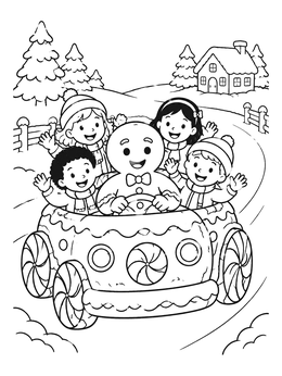 Free printable Gingerbread Man And Friends In Candy Car coloring page