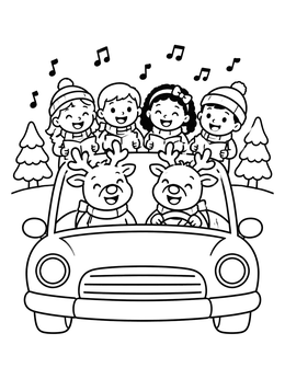 Happy reindeer drive carolers in this festive christmas car coloring page.