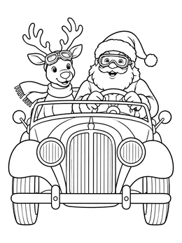 Santa and his reindeer wearing goggles in a vintage ride on this christmas car coloring page.