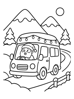 Santa drives a decorated van in this christmas car coloring page with mountains.