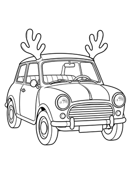 A retro mini christmas car coloring page decorated with festive reindeer antlers on its roof.