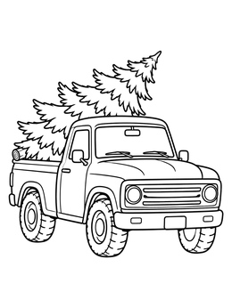 A vintage pickup truck carrying a pine tree in this festive christmas car coloring page.