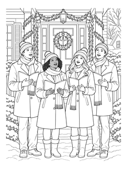 A festive christmas carolers coloring page featuring four singers on a decorated front porch.