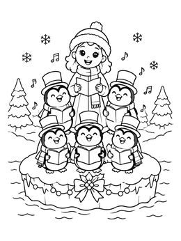 Free printable Penguins And Girl Singing Carols coloring page