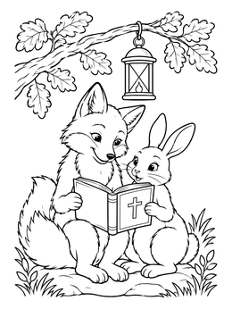 A sweet christmas carolers coloring page showing a friendly fox and bunny reading music beneath a glowing lantern.