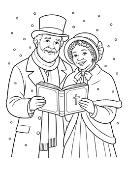 An elderly couple singing in a christmas carolers coloring page.