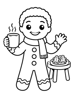 Free printable Cheerful Gingerbread Person With Warm Drink coloring page