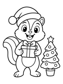 A cheerful chipmunk coloring page featuring a Santa hat, holiday present, and little tree.