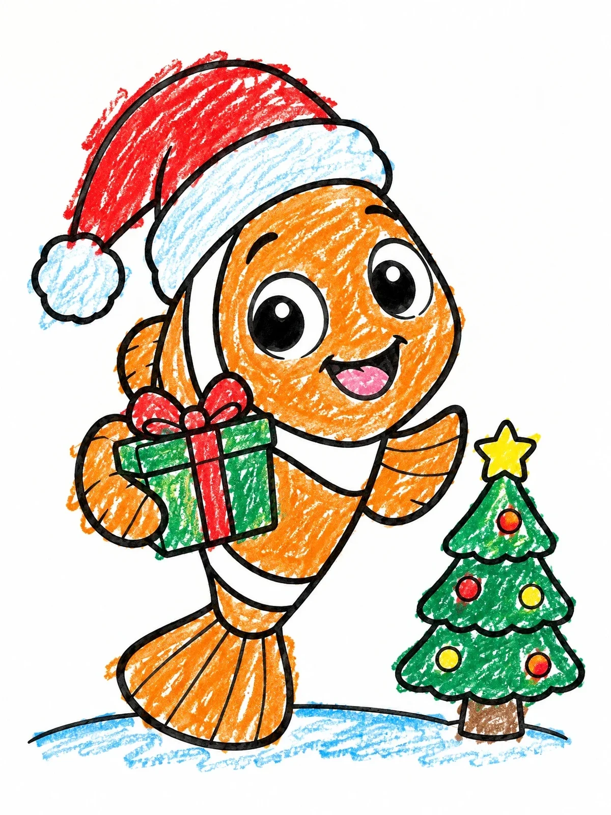 Colored example of the Festive Christmas Clownfish With Gift coloring page