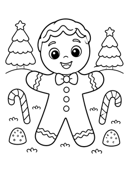 Free printable Cheerful Gingerbread Man With Candy Canes coloring page