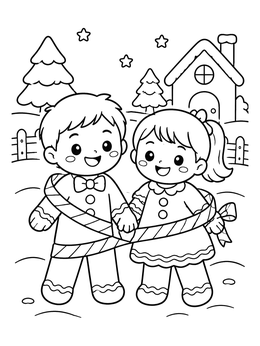 Free printable Gingerbread Boy And Girl With Ribbon coloring page