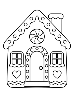 A sweet gingerbread house shaped like a christmas cookie coloring page with icing and candy details.