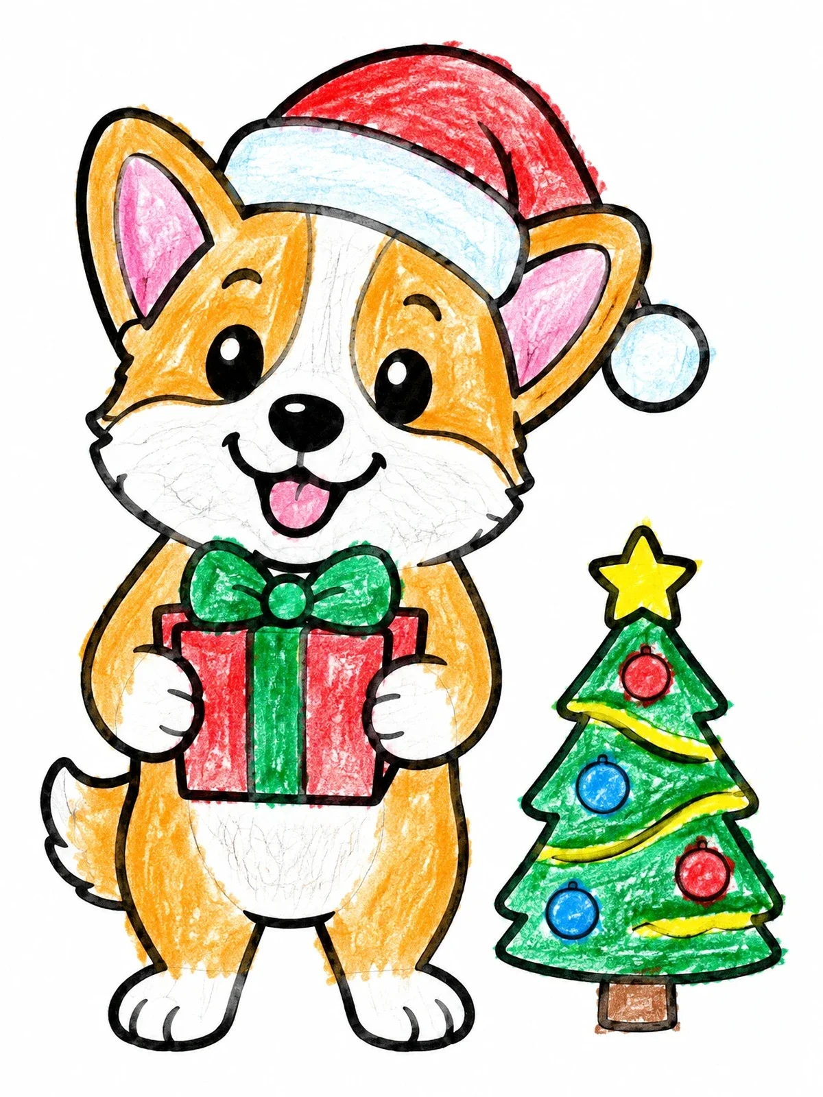 Colored example of the Christmas Corgi With Gift And Tree coloring page