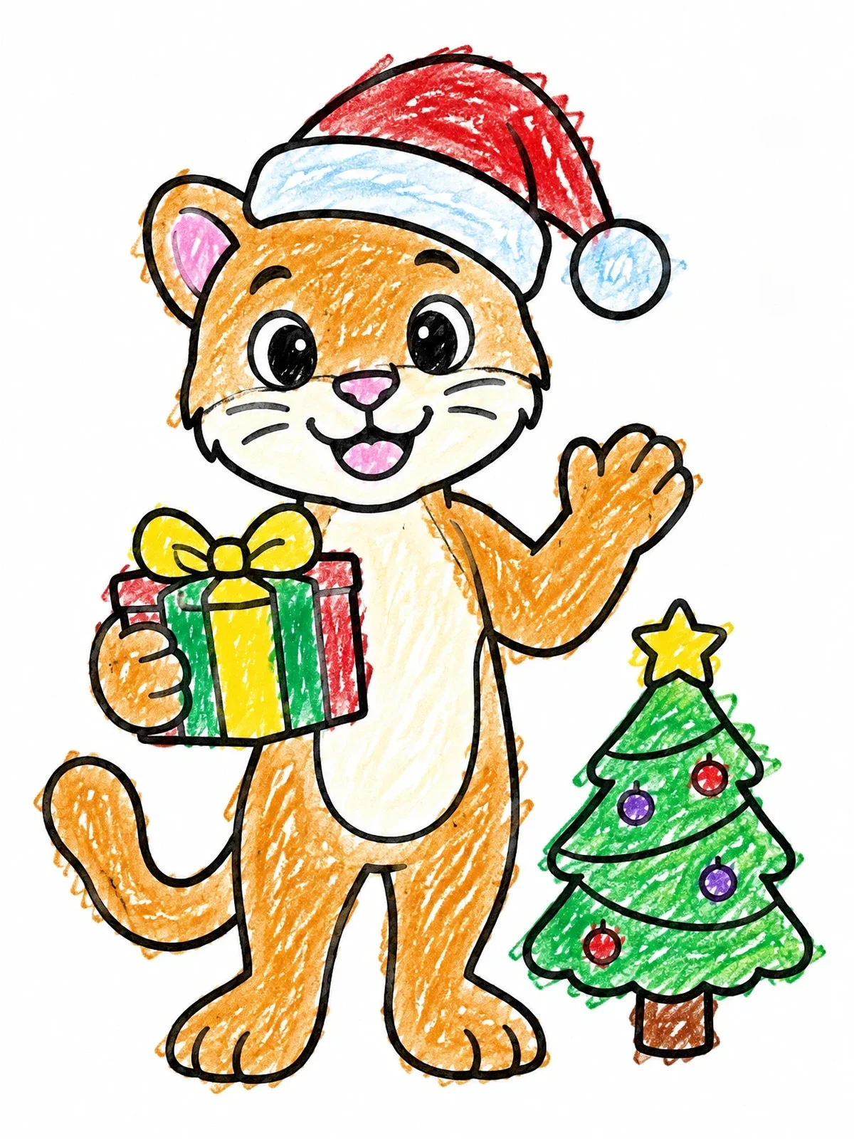 Colored example of the Christmas Cougar With Holiday Present coloring page
