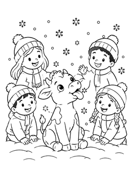 Free printable Calf And Children In Snow coloring page