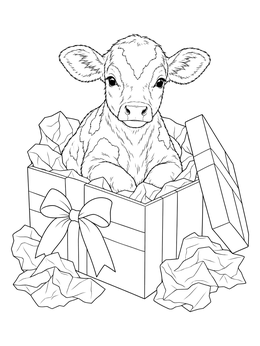 An adorable calf in a gift box on this christmas cow coloring page.