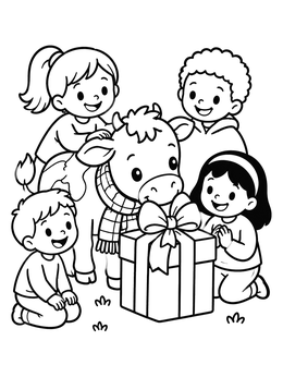 Kids and a calf gathered around a gift in this christmas cow coloring page.
