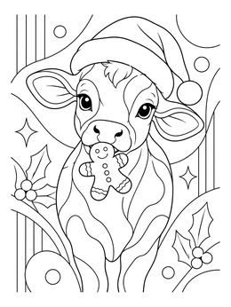 A sweet calf wearing a Santa hat holds a treat in this christmas cow coloring page.
