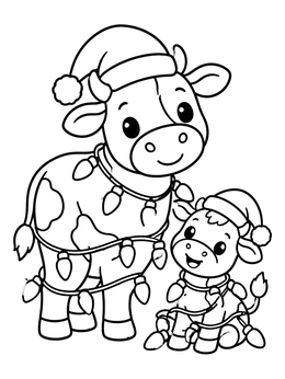 Free printable Festive Cow And Calf With Lights coloring page