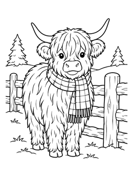 Free printable Cute Highland Cow In Winter Scarf coloring page