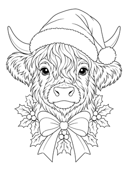 A festive highland cow wearing a Santa hat and bow on this christmas cow coloring page.
