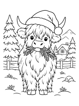 A festive christmas cow coloring page showing a fluffy highland calf chewing pine needles in snow.