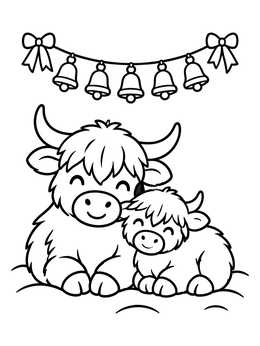 A sweet christmas cow coloring page featuring two fluffy highland cows resting beneath a garland of bells.