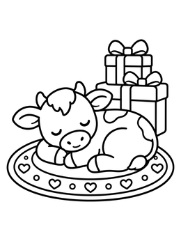 Free printable Sleeping Calf With Holiday Presents coloring page