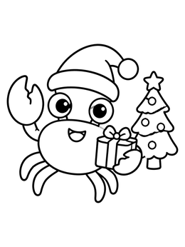 A cheerful crab coloring page featuring a Santa hat, a gift box, and a tiny Christmas tree.