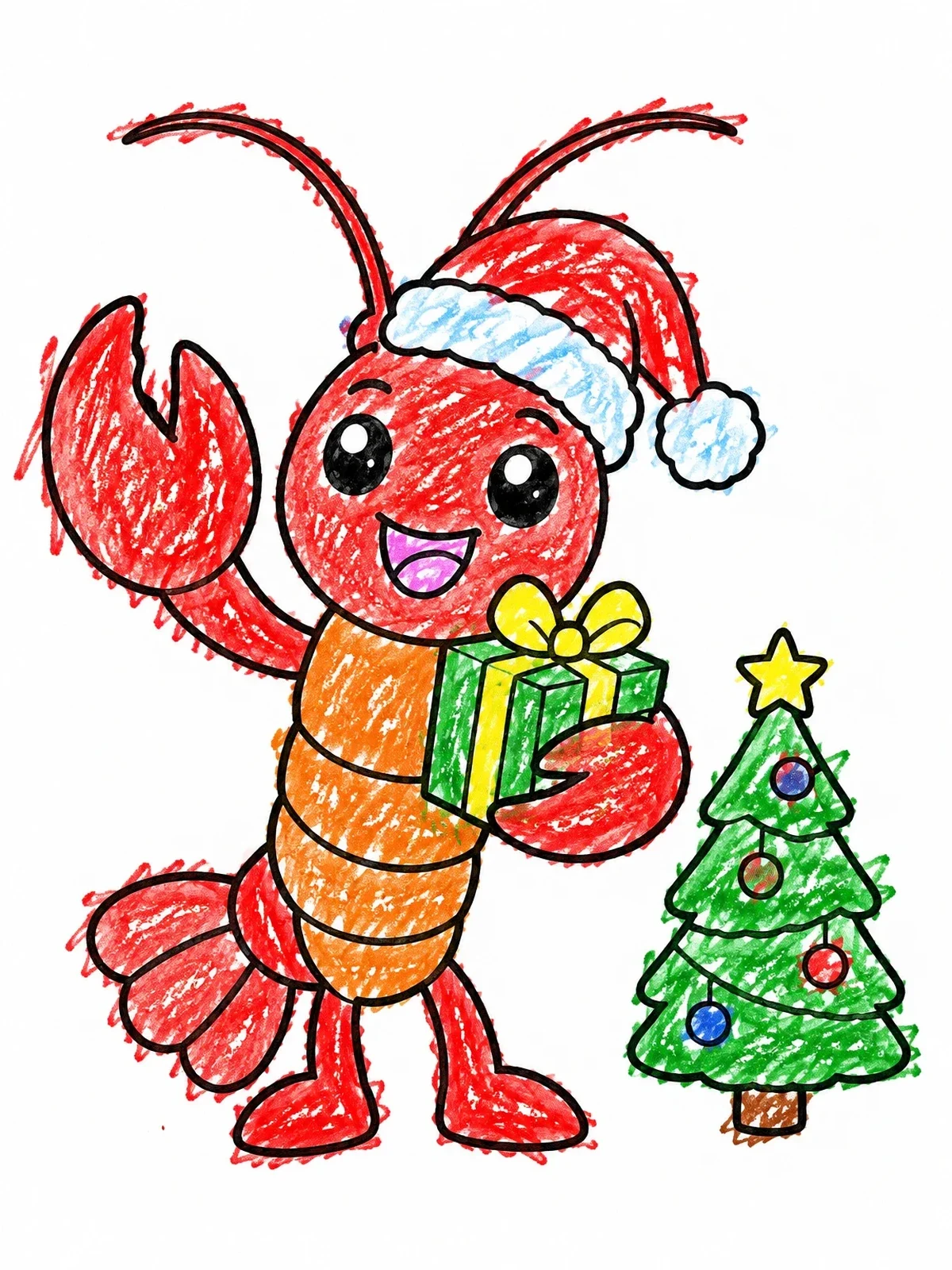 Colored example of the Christmas Crawfish With Gift And Tree coloring page