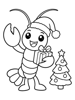 A cheerful crawfish coloring page featuring a Santa hat, a gift, and a small Christmas tree.