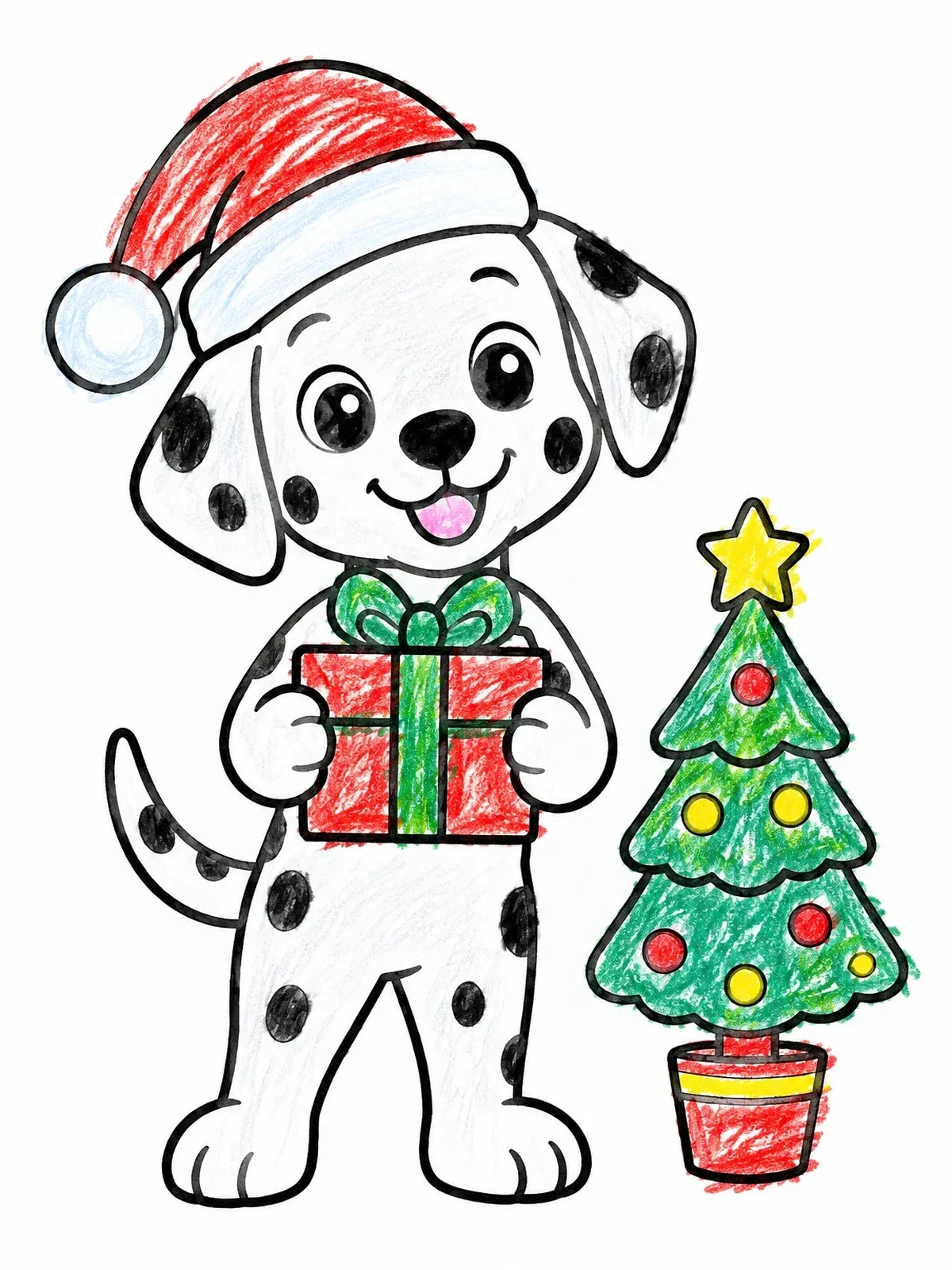 Colored example of the Christmas Dalmatian Puppy With Gift coloring page