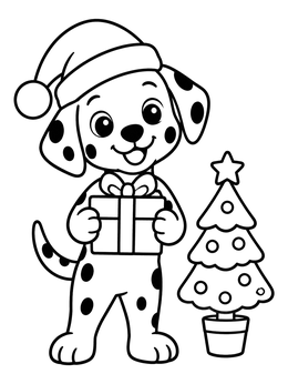 A cheerful puppy in this dalmatian coloring page holds a wrapped gift next to a small Christmas tree.