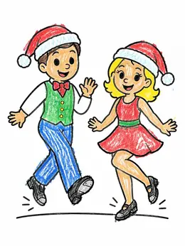 Cheerful Tap Dancers In Santa Hats – Christmas Dance Coloring Page