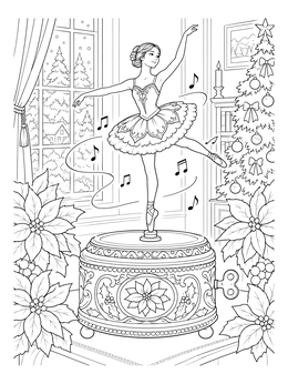 A graceful ballerina spins on a music box in this christmas dance coloring page.