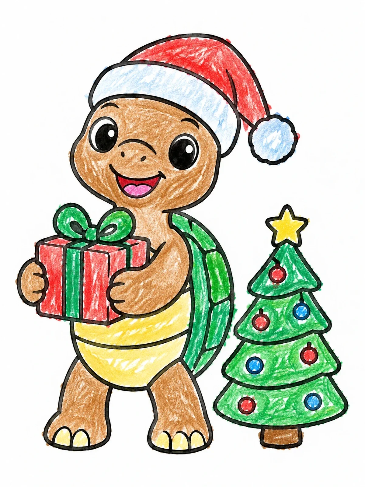 Colored example of the Cute Tortoise Celebrating Christmas coloring page