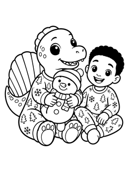 A happy boy and baby spinosaurus in pajamas on this christmas dinosaur coloring page.