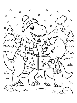 A friendly christmas dinosaur coloring page featuring a T-Rex and Triceratops singing carols.