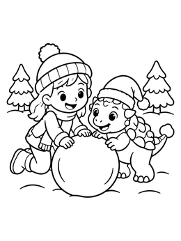 Free printable Child And Baby Dinosaur Rolling Snowball coloring page
