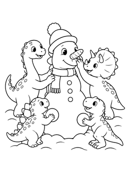 A sweet christmas dinosaur coloring page of four baby dinosaurs decorating a snowman.