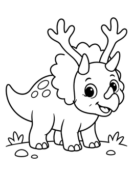 A festive christmas dinosaur coloring page featuring a baby triceratops wearing cute reindeer antlers.