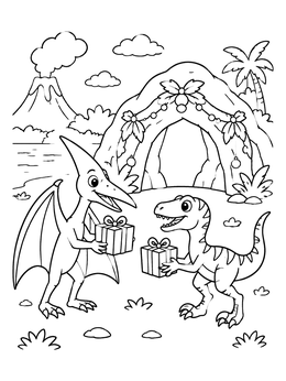 A festive pterodactyl and raptor on this cute christmas dinosaur coloring page.