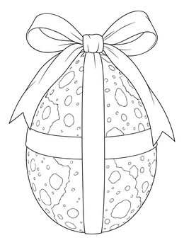 A festive christmas dinosaur coloring page featuring a textured egg tied with a holiday bow.