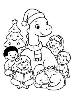 Kids gather around to enjoy a cozy christmas dinosaur coloring page by the tree.