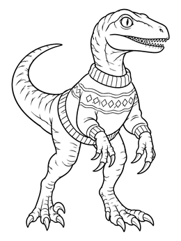 A festive christmas dinosaur coloring page featuring a velociraptor dressed in a warm winter sweater.