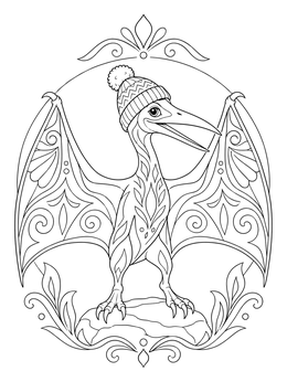 A decorative christmas dinosaur coloring page featuring a pterodactyl in a knitted beanie.