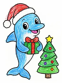 Christmas Dolphin With Present And Tree Coloring Page