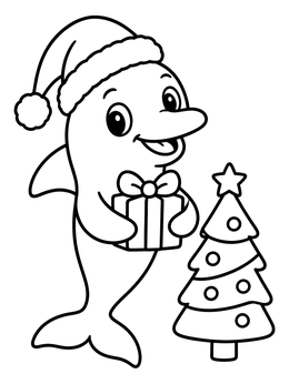 A cheerful dolphin coloring page featuring a Santa hat, a gift box, and a decorated tree.