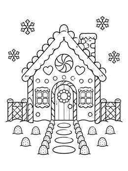 Free printable Cozy Holiday Gingerbread House coloring page